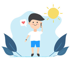 Cute cartoon of the man is talking on the phone with his girlfriend at the outdoor with the sun and leaves. Boy holding the mobile phone with heart sign in the bubble text.