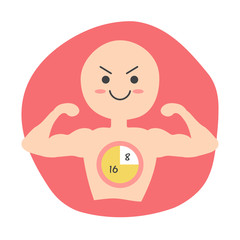 Cute cartoon of human is flex muscle during intermittent fasting 16/8. Concept of fasting diet.