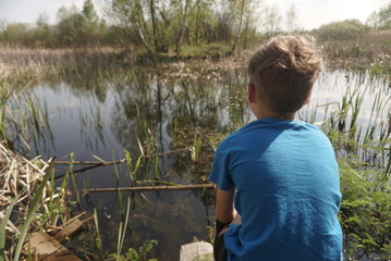 young boy catches fish on the pond rear view