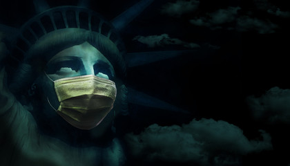 Obraz na płótnie Canvas Statue of Liberty is wearing a surgical mask in this illustration about coronavirus Covid-19 causing dark days for America.