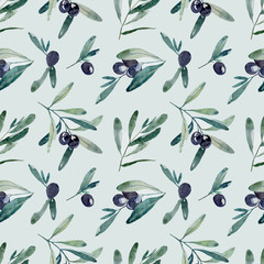 Hand-drawn watercolor seamless pattern of olive branches. For business cards, fabric, wrapping paper, wallpaper
