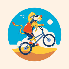 Summer animal illustration. Lion playing BMX cycling at the beach