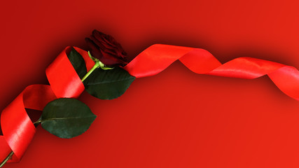 beautiful red rose on red background with red ribbon for mockups, templates, flyers, posters, stories. Horizontal align