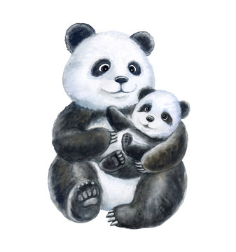Panda. Mom and baby isolated on white background. Cute cartoon animals with a smile. Motherhood. A family. Template. Illustration. Watercolor. Mother`s Day. Poster. Postcard
