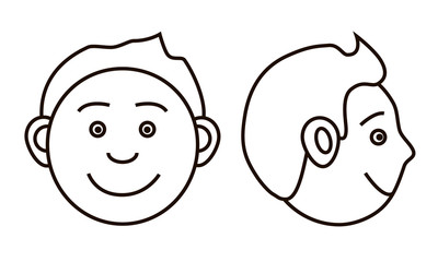 Isolated vector drawing of a human head; smiling guy in front and side; lined image of a happy man; blank for design, icons.