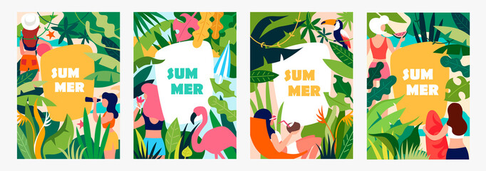 Summer set of templates for posters, banners, covers, flyers, frames, brochures. Tropical plants. Jungle. Girls on vacation. Vector flat cartoon illustration.