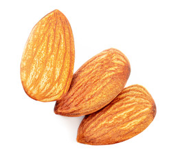 Almonds isolated. Raw Almond nuts on white background. Top view. Flat lay