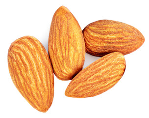 Obraz na płótnie Canvas Almonds isolated. Raw Almond nuts on white background. Top view. Flat lay