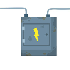 Switchboard. Electrical wires in box. High voltage sensor. Technical industrial appliance. Danger sign - yellow lightning. Current switch. Cartoon flat illustration. Fuse and electrical engineering