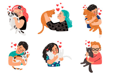 Cat pet owner characters. Owners hugging cats, girls and boys petting cats animals, young persons with pets embraces portraits vector illustration