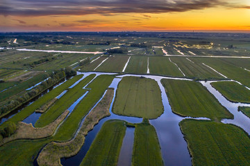 Aerial view of Sunset over Historic dutch Waterland