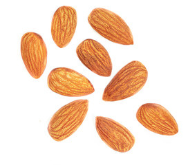 Almonds isolated. Raw Almond nuts on white background. Top view. Flat lay Collection. Close-up.
