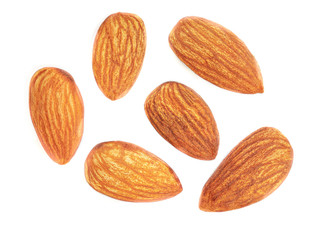 Almonds isolated. Raw Almond nuts on white background. Top view. Flat lay Collection. Close-up.