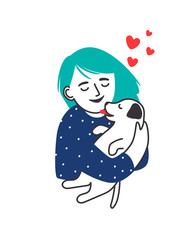 Girl hugs puppy. Hand drawn young girl or stylized woman kissing puppy dog isolated vector graphic, happy female person hug pet portrait sketch