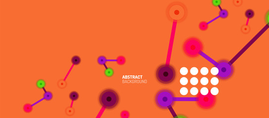 Flat style geometric abstract background, round dots or circle connections on color background. Technology network concept.