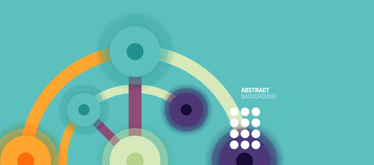 Flat style geometric abstract background, round dots or circle connections on color background. Technology network concept.