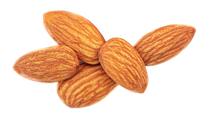 Almonds nuts isolated on white background. Raw Almond Top view. Flat lay Collection. Close-up. Food concept .