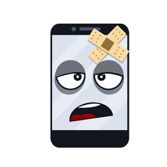 Mobile phone with sad face on screen. Cartoon flat illustration. Shocked and surprised, eyes and mouth. Emotions on the monitor. Broken smartphone. problem with technique