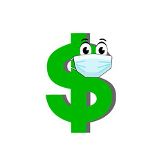 The dollar character wearing a medical mask, isolated on white background