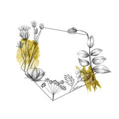 Polygonal frame with graphic flowers and watercolor abstract shapes, floral frame on white isolated background