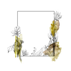 Rectangular frame with graphic flowers and watercolor abstract shapes, floral frame on white isolated background