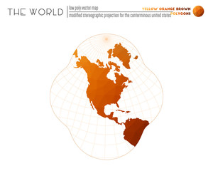 Polygonal map of the world. Modified stereographic projection for the conterminous United States of the world. Yellow Orange Brown colored polygons. Energetic vector illustration.