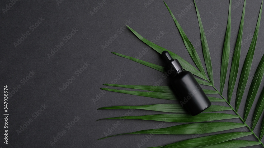 Wall mural black essential oil dropper bottle mockup with palm leaf on black background. luxury cosmetic packag