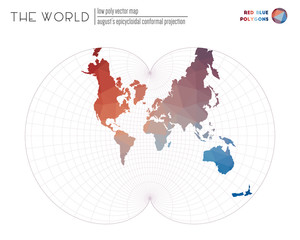 Low poly design of the world. August's epicycloidal conformal projection of the world. Red Blue colored polygons. Contemporary vector illustration.