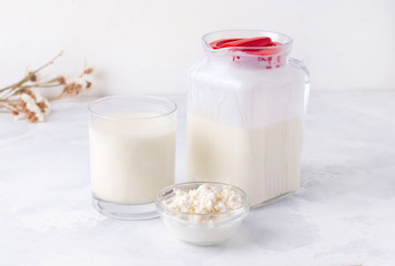Dairy products on a white background kefir, milk, granules of bacteria. Fermented food