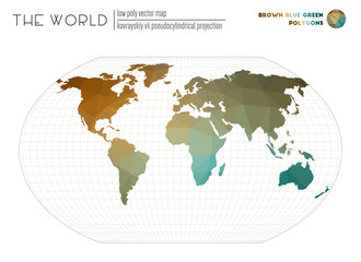 Abstract world map. Kavrayskiy VII pseudocylindrical projection of the world. Brown, blue, green colored polygons. Trending vector illustration.