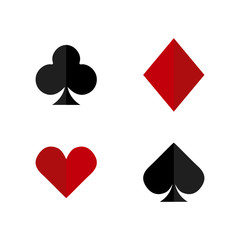 Playing card suits:  spade, diamond, heart and club. Vector icons set isolated on white background.