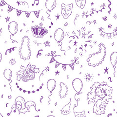 Mardi Gras carnival seamless pattern with hand drawn doodle masquerade elements