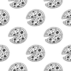 Seamless vector pattern with hand drawn doodle pizza