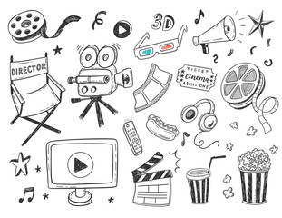 Hand drawn Cinema doodle icons set - 347940571