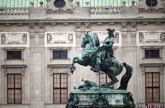 Statue of Prince Eugen in front of Hofburg Palace Heldenplatz in Vienna