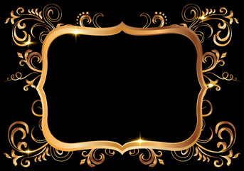 Golden shiny glowing ornate frame isolated over black