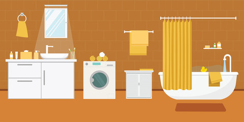 Bathroom interior with furniture in flat design style. Vector illustration.
