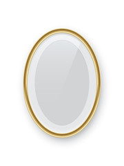 Oval vertical golden picture or photo frame isolated on white background. Vector design element.