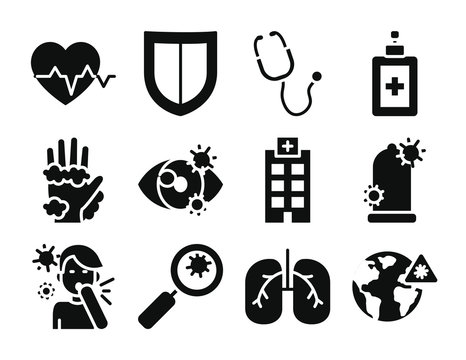 cardio heart and virus icon set, silhouette style