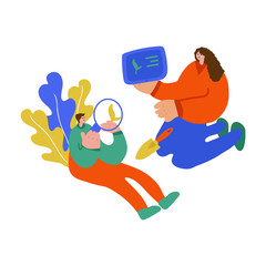 Illustration of a family teaching children. Freehand drawing illustrating the learning process of plant growing. Family drawing, mother and son spending time together, teaching son