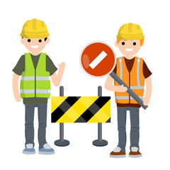 Construction work. Clothing and tools worker. Yellow uniform, gloves, green vest and helmet. Cartoon flat illustration. Maintenance service. Road closed. Sign and cone