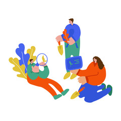 Illustration of a family teaching children. Freehand drawing illustrating the process of learning crop production. The family draws, father, mother and daughter spend time together, teach their