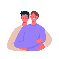 Happy homosexual family, gay couple. Two men hugging each other. Couple in love. Husband and husband together. Flat cartoon vector illustration