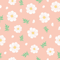 White floral vector seamless pattern. Cosmos flowers with leaves on peach background. Great for spring and summer wallpaper, backgrounds, invitations, packaging design projects.