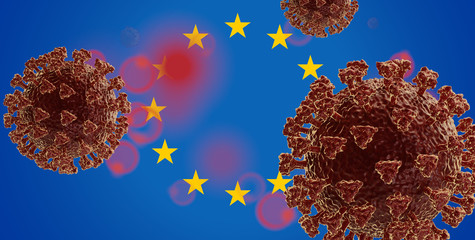 Fototapeta na wymiar Europe EU background and concept of Coronavirus 3d-illustration covid-19 virus cell symbolic design