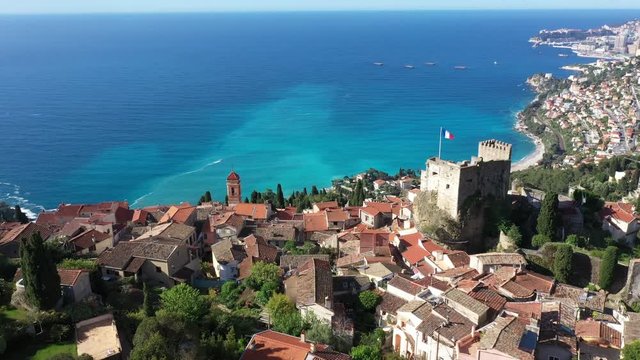 France, Nice, Aerial view of the hilltop village of Roquebrune Cap Martin.