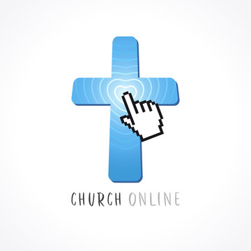 Cross, tap finger and heart radio waves logo. Religious creative christian logotype. Pixel symbol. Isolated abstract graphic web design template. Phone app brand concept, internet live stream emblem.