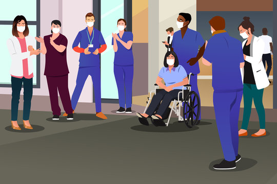 Healthcare Workers Applauding Recovered Patient in Hospital Illustration