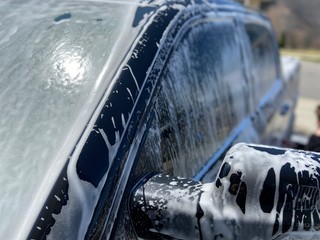 A truck with soapy suds