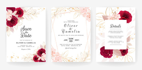 Abstract Background. Wedding invitation card template set with watercolor and floral decoration. Flowers illustration for save the date, greeting, poster, and cover design
